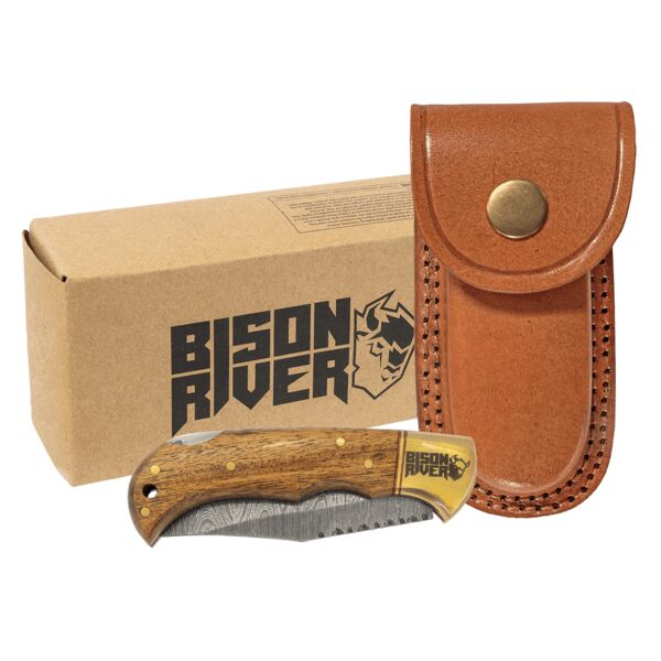 Bison River 3 3/4" Wood Folding Knife with Damascus Steel Blade and Leather Sheath Thumbnail