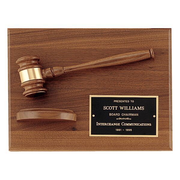 9" x 12" Solid Plaque with a Gavel, Gavel Band, Laserable Brass Plate and a Half Sounding Block Thumbnail