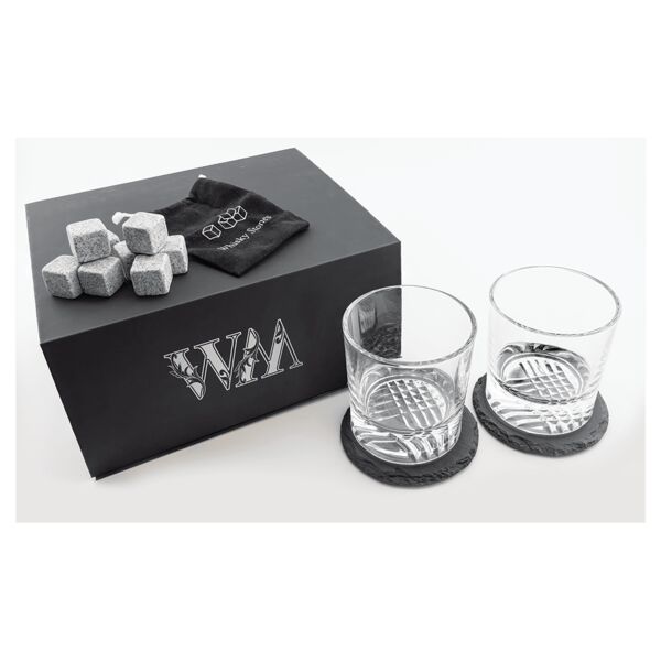 Lazerburst Whiskey Set with Two 9 oz. Glasses, Two 4" Slate Coasters, and Eight Granite Whiskey Stones with Velvet Bag Thumbnail