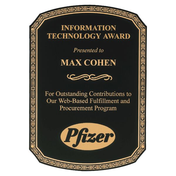 9" x 13" Laserable Brass Plate with Rounded Top and Bottom, Leaf Design Border and Four Holes Thumbnail