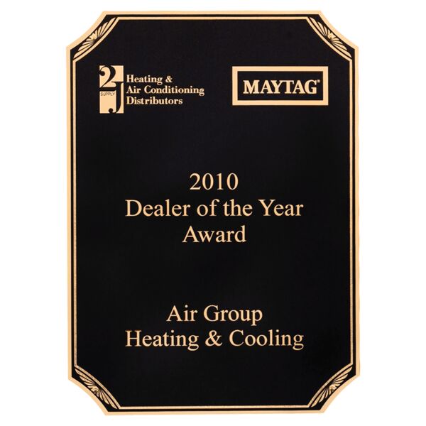 5 1/2" x 7 1/4" Laser Engravable Brass Plated Steel Plate with Clipped Corners and Sunburst Design Borders Thumbnail