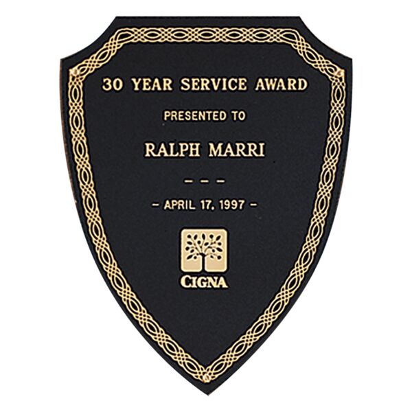 5 1/4" x 6 1/2" Laserable Brass Shield Plate with Design Border and Three Holes Thumbnail