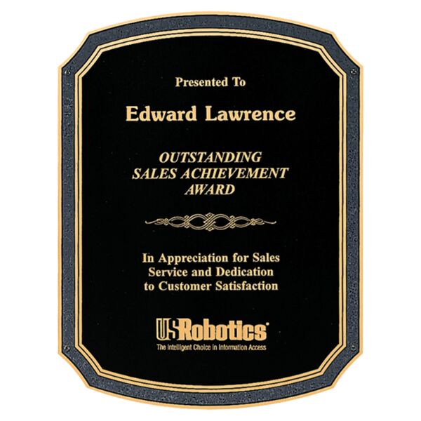 8 1/2" x 11" Textured Brass Plated Steel Plate with Notched Corners, Rounded Top and Bottom, Florentine Border, and Four Holes Thumbnail