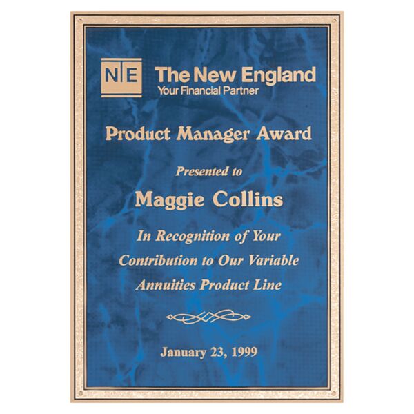 6" x 8" Brass Plated Steel Sapphire Marble Plate with Florentine Border and Four Holes Thumbnail