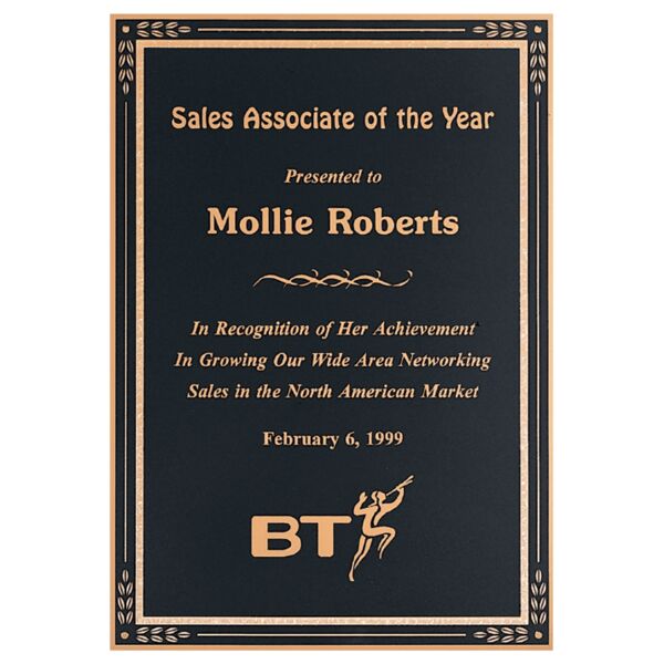 7" x 10" Laser Engravable Brass Plated Steel Plate with Leaf Corners, Florentine Design Border and Four Holes Thumbnail