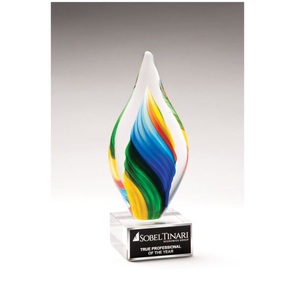9" Rainbow Twist Art Glass on Glass Base with Laserable Aluminum Plate Thumbnail
